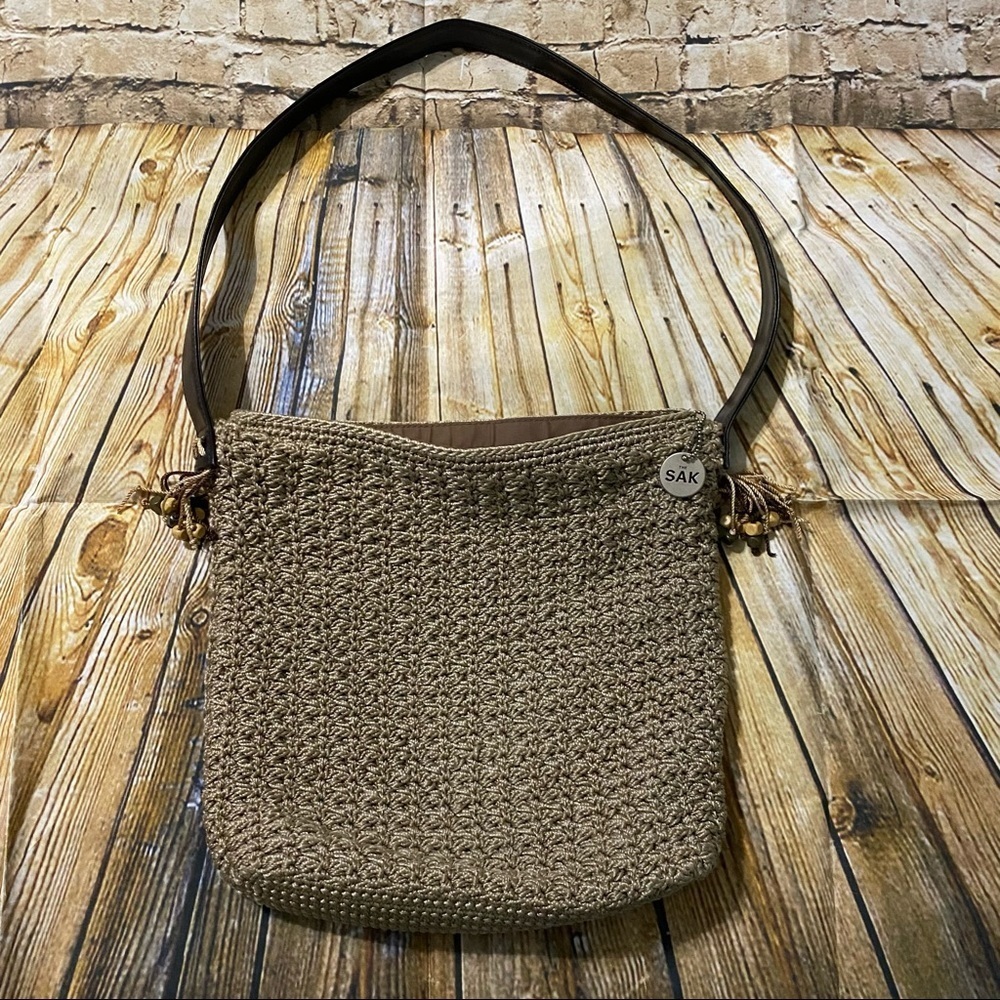 The Sak Tan Woven Beaded Tassle Shoulder Bag